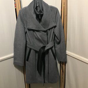 VINCE CAMUTO Sz XS Gray Wool w/ Leather Trim Belted Coat NWT
